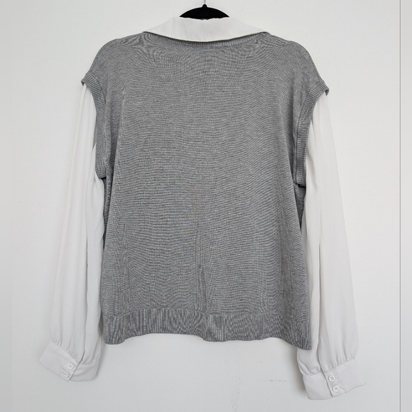 Adrianna Papell Mixed Media Chiffon And Knit Academia V-Neck Sweater Top Sz L - Picture 11 of 14